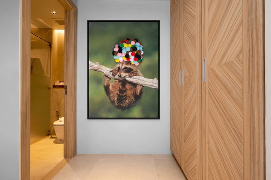 Decorative Canvas Print: 'Baby Raccoon with Rainbow Pom Poms