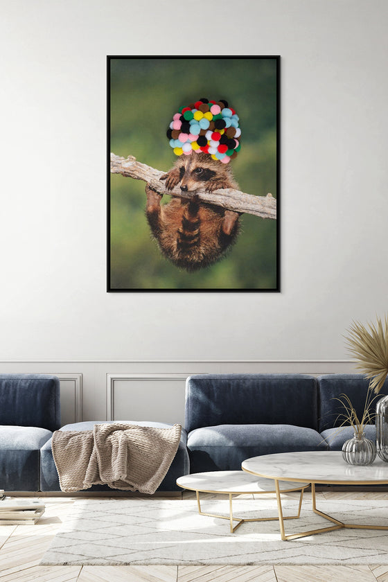 Canvas Print: “Baby Raccoon with Rainbow Pom Poms"